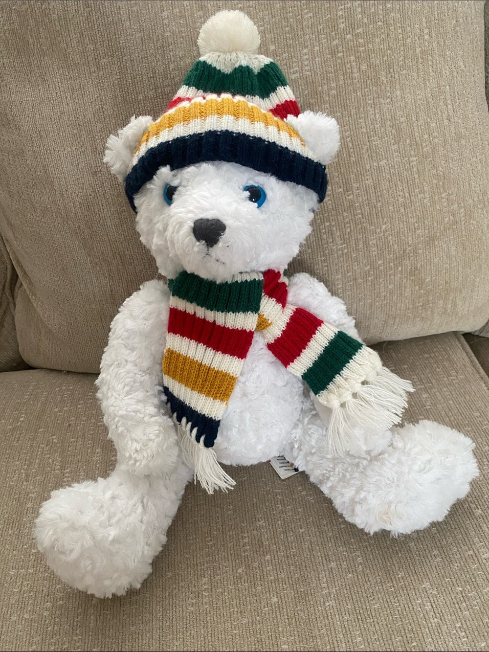 Hudson Bay HBC 2017 Charity White Plush Teddy  Bear with Striped Scarf & Hat